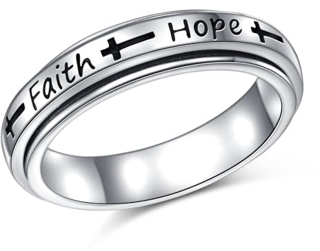 DAOCHONG 925 Sterling Silver Drehspinner Fidget Ring Kreuz Glaube Liebe Hoffnung Angst Band Oxidiertes Fidget Sorgenentlastung Langeweile ADHS Autismus Ringe für Frauen(54.4)