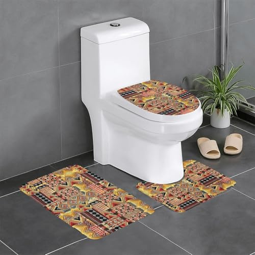 Ghjkfbf Ensemble de 3 tapis de salle de bain en tissu africain avec imprimé patchwork - Tapis de toilette en forme de U - Tapis de couvercle de toilette