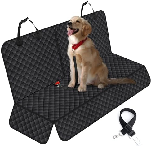 Hundedecke Auto Rückbank, Wasserdicht Hunde Autositzbezug, Kratzfest Autoschondecke Hund Rücksitz mit 1 Elastischen Hundesitzgurt, 135x118cm, Universelle Auto Hundedecke Rücksitz für LKWs PKWs SUVs