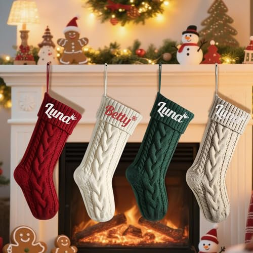 Großer Weihnachtsstrumpf mit bestickten Namen, personalisierbarer bestickter Namen, Urlaub und Familienstrumpf für Bauernhaus, Kamin, hängende Ornamente (8 Stück)