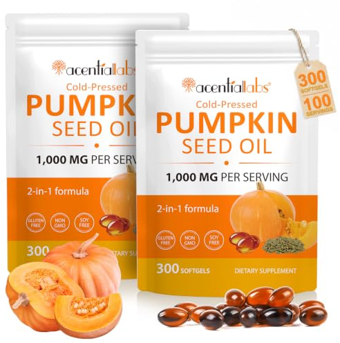 2 Pack Pumpkin Seed Oil 300 Softgels Cold Pressed 2-in-1 Formula Supplement Essential Fatty Acids & Phytosterols Supports Prostate & Urinary Health,Hair Growth