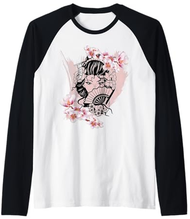 Geisha Giapponese con Fiori di ciliegio Giappone Lovers Regalo Kawaii Maglia con Maniche Raglan