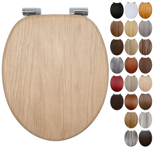 Fanmitrk Wooden Toilet Seat Soft Close with Adjustable Solid Zinc Alloy Hinges, MDF Wood Oval Toilet Seat with Bottom Fixings, Easy to Clean and Install (JHE100-1-01)