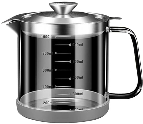 Olla coladora de aceite de 1000 ml/35 oz Recipiente de aceite de cocina de vidrio a escala transparente con filtro, báscula, base de silicona y mango para almacenar colador de grasa usado para c