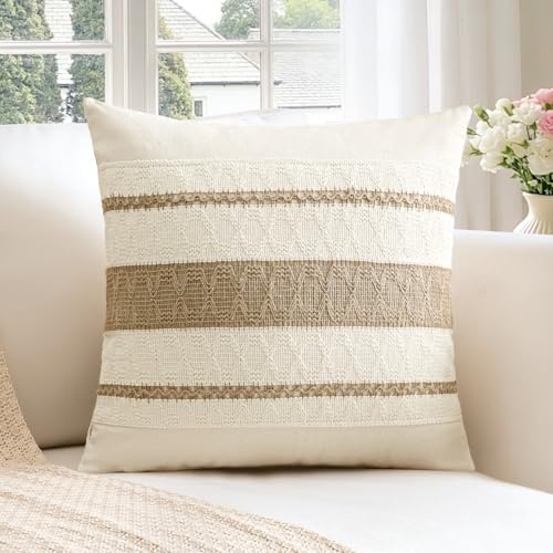 Sungeek 1 Stück Boho Kissenbezug, Baumwolle & Sackleinen Zierkissenbezüge Dekorativ Kissenbezüge Dekokissen Sofakissen Boho Style Deko Bezug Kissenhülle für Wohnzimmer Sofa (40x40 cm, Tan)
