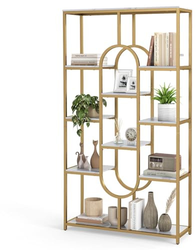 SFAREST 10-Tier Bookshelf, Freestanding Tall Display Shelf Storage Organizer with Sturdy Metal Frame and Open Storage Shelves, Industrial Etagere Bookcase for Living Room, Home Office | with Sturdy Metal Frame and Open Storage Shelves, Industrial Etagere Bookcase for Living Room, Home Office