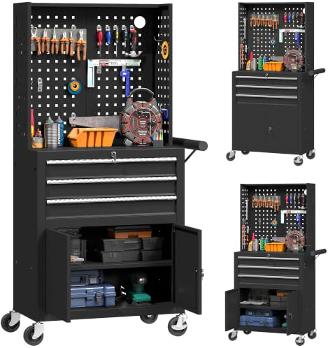 HOMCOM Carrello Porta Attrezzi in Acciaio con Serrature 3 Cassetti Nero | Carrello Portautensili da Officina con Piano di Lavoro, Armadio, Pannelli Forati, Ruote, Maniglia, Capacità 80kg