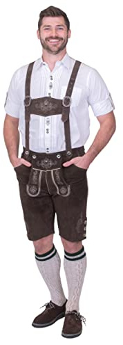 Dirndl Trachten Haus 2 Piece Brown Leather Lederhosen Shorts for German Oktoberfest and Adult Costume for Halloween