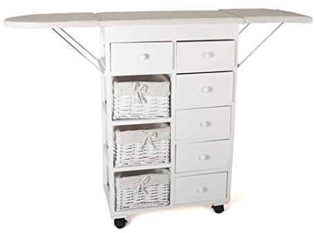 Mueble para Planchar Doble de Madera Plegable Blanco 122.50 X 30.00 X 83.50 cm con Ruedas