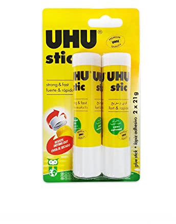 UHU stic, 21 g, paket med 2, den beprövade limpinnen, stark, snabb, lösningsmedelsfri, ren, säker och hållbar för skola, hem, kontor, barn, konst och hantverk, 98 % naturlig, nu i 50 % återvunnen