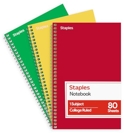 STAPLES 1‑Subject Spiral Notebook, College Ruled, 80 Sheets, Assorted Colors, 3‑Pack