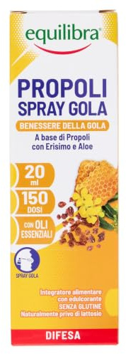 equilibra Integratori Alimentari, Propoli Spray, Integratore a Base di Propoli, Erisimo e Aloe Vera, per il Benessere della Gola, Azione Emolliente e Lenitiva, Flacone Spray 20 ml