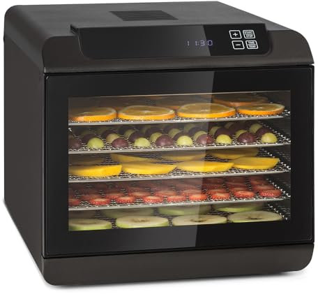 Klarstein Arizona Jerky - Deshidratadora de alimentos, Potencia 500 W, Temperatura regulable 35-70°C, 6 baldas lavables en lavavajillas, Períodos cortos de secado, Pantalla táctil digital, Antracita