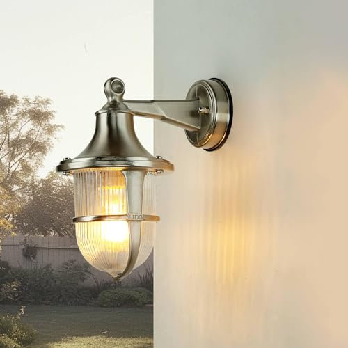 Licht-Erlebnisse Außenlampe Wand aus Echt-Messing in Nickel-matt EU-Produkt IP64 E27 H:27cm rostfrei Schiffslampe Wandlampe Außenleuchte Wandleuchte maritim Hof Garten