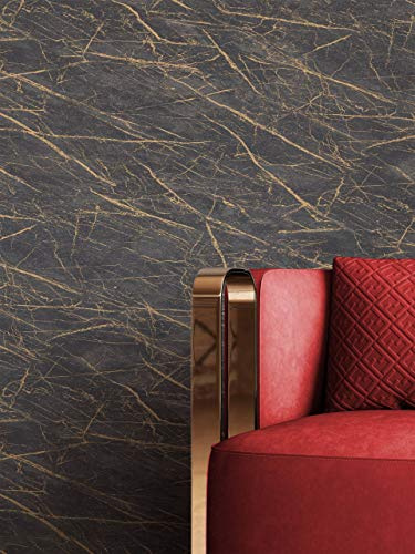 Newroom Vliestapete Schwarz Marmor Tapete Wohnzimmer Glamour | Marmoroptik goldene Aderungen, changierender Glanzeffekt, Mustertapete Schlafzimmer Flur, elegante Wandgestaltung Loft-Stil