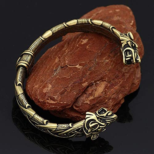 Viking Double Wolf Head Fenrir Bangle Manschett Armband, Norse Arm Ring Pagan Amulet Smycken, Medelålders Vintage Nordic Viking Talisman(Bronze)