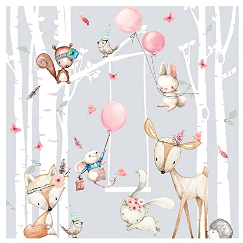 Grandora Wandtattoo Wandsticker Kinderzimmer Tiere Wald Birkenstämme Wandaufkleber Wanddeko Babyzimmer Spielzimmer Wandbild Kinder Mädchenzimmer Aufkleber DL759-4