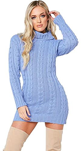 Crazy Girls New Womens High Polo Neck Chunky Cable Knitted Jumper Mini Tunic Dress Top 8-18 (8-10, Baby Blue)