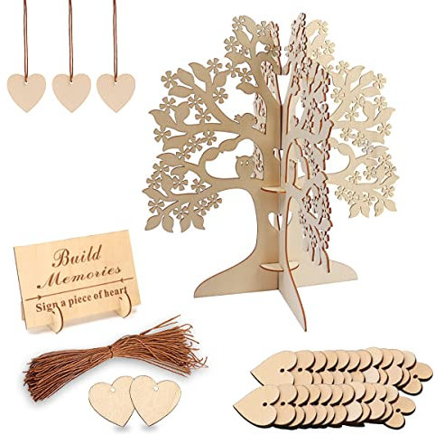 Csirnto Libro de Visitas de Boda Árbol de Deseos de Madera para Bodas Guest Book, con Corazones Madera Decoración, Manualidades de Madera de Bricolaje para Mesa Fiesta Cumpleaños Bautizo