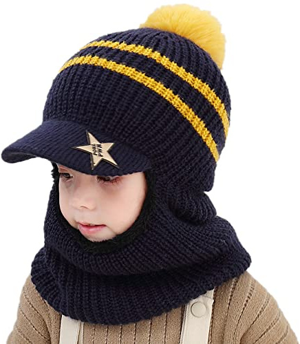 iNszkoos Kinder Wintermütze mit Ohrenklappen und Schal Baby Jungen Mädchen Kleinkind SchalMütze Verdicken Warme Niedlich Strickmütze Pom Beanie Mütze Winter Mütze Schal mit Fleecefutter für 2–6 Jahre