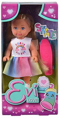 Simba Evi Love Skate, 2-Fach Sortiert, es Wird nur EIN Artikel geliefert, Spielpuppe in einem modischen Outfit mit Skateboard, 12cm, ab 3 Jahren
