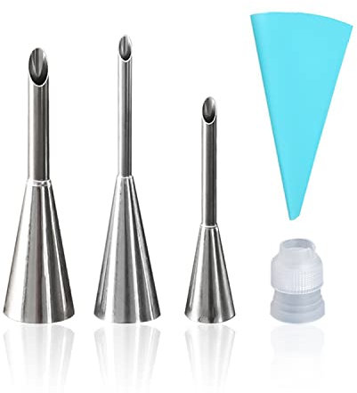 1 Set of 3 Pastry Sockets, Professional Stainless Steel Puff Cake Syringes, Cream Mouth Baking Tools, with 1 10-inch Pastry Bag, 1 Connector