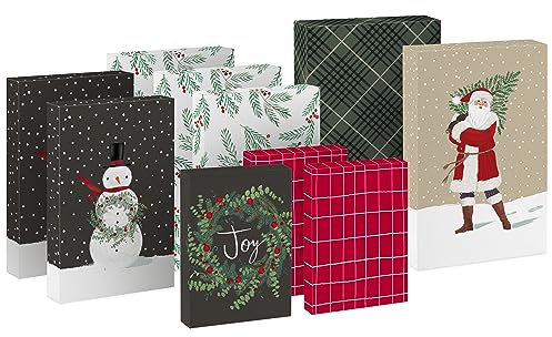 Hallmark Surtido de cajas de regalo de Navidad (10 cajas con tapas: 3 pequeñas de 11 pulgadas, 5 medianas de 14 pulgadas, 2 grandes de 16 pulgadas), cuadros rojos, verdes y negros, muñecos de nieve,