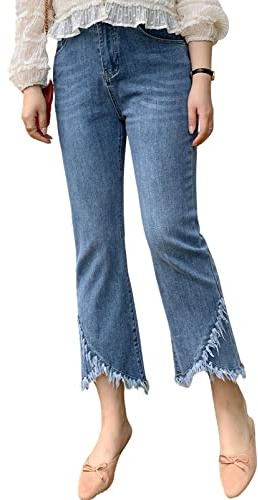 CHARTOU Women Cute Stretch Denim Jeans Ripped Distressed Frayed Hem Denim Pants Tassel Fringe Cropped Jeans (Medium,Blue)