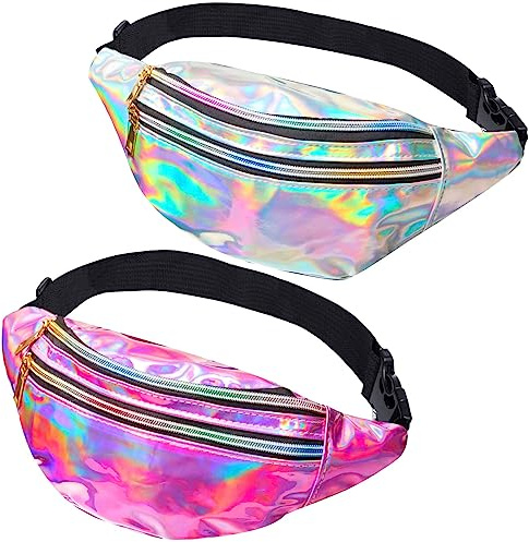 JunD Metallic Bauchtasche Damen - Holografische Gürteltasche aus PU Leder, Wasserdicht und Reflektierend, 80er & 90er Jahre Retro-Stil (Silber+Rosa), 2 Stück