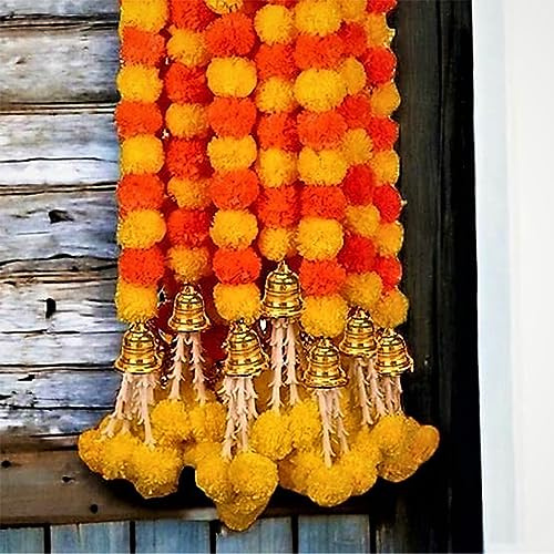 Abhaas Handgefertigte künstliche Ringelblumen-Girlande, lange Blumengirlanden für Türdekoration, Toran Genda Phool für Hochzeit/Festivals, mit Glocken und Rajnignadha (Gelb + Orange Mix/152,4 cm, 5