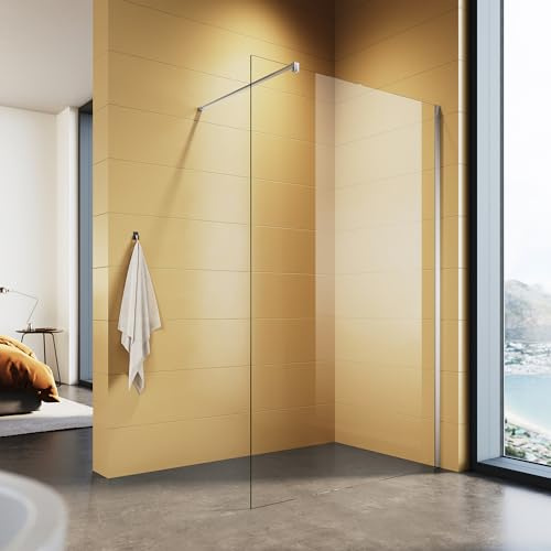 Walk In Duschtrennwand 110x200cm 8mm Nano ESG Glas mit Stabilhaltestange | Klarglas mit 100cm festen Edelstahl Haltestange -15mm Einstellbarer Wandabstand Trocken- und Nassabscheidung für Bad