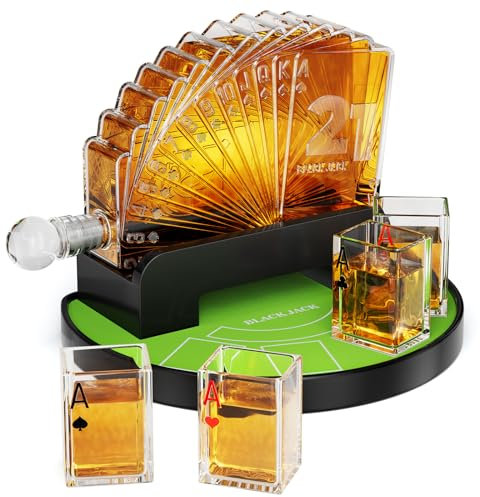 Kollea Carafe à whisky Blackjack de 1 054,6 g avec 4 verres, carafe à décanter style casino pour liqueur, cadeau d'anniversaire amusant pour homme, papa, lui, frère, poker, blackjack