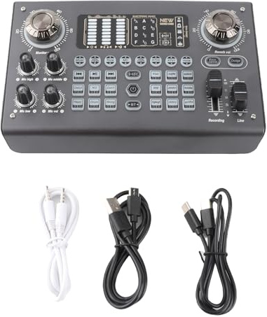 HUIOP Mezclador multifunción Tarjeta de sonido digital portátil BT USB Consola de mezcla Fuente de alimentación fantasma 48V Integrado Mezclador en vivo profesional Dispositivo de efecto de tarjeta de