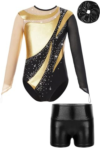 iiniim Kinder Mädchen Turnanzug Gymnastikanzug Trikotanzug Glänzend Gymnastik Leotard mit Shorts Haarband Wettbewerb Tanzkostüm Gold&Schwarz 134-140