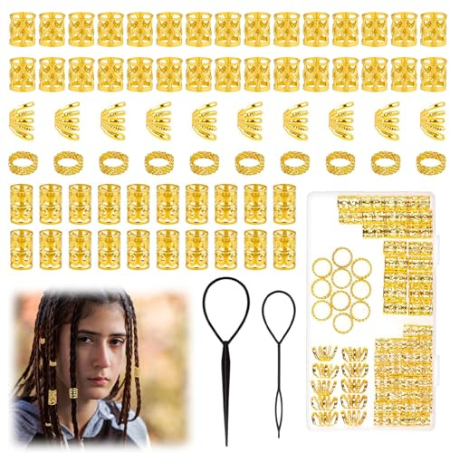 Lotbun Dreadlocks perlas metal joyas para el cabello,Perla para el cabello,Joyería vikingo Mujer,Anillo para el cabello,Cabello para hombres y mujeres (oro)