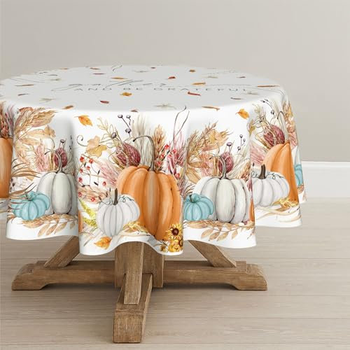 Horaldaily Herbst Tischwäsche 150x150 cm Rund, Erntedankfest Herbsternte Orange Kürbis Weizenohr Tischdecke für Party Picknick Abendessen Dekor