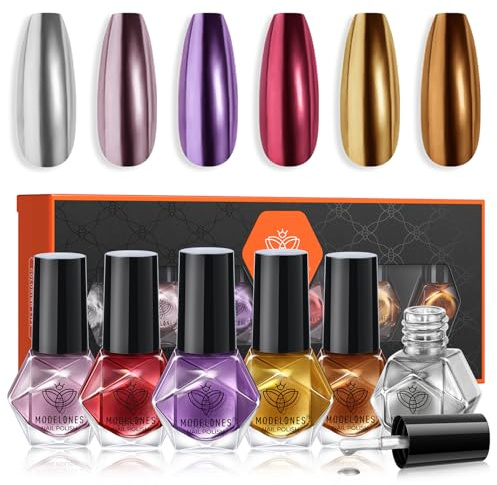 Modelones 6-Color Chrome Holographic Nail Polish Set - Gold, Silver, Brown, Red, Metallic Sparkle - Quick Dry, Salon-Quality, DIY Nail Art