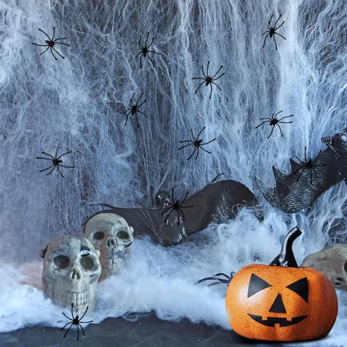 Halloween Spider Web Decorations, Cover 3000 Square Feet 500g Fake Cobwebs with 100PCS Halloween Plastic Spiders, Stretchable Fake Spider Web for Halloween Indoor Outdoor Outside House Decorations