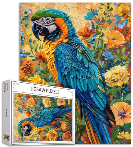 Animal Jigsaw Puzzle 1000 Pieces for Adults, Families (Parrot, Garden Flowers, Tropical Plants) Pieces Nest Perfectly Together 19.7 x 27.6 inches Performance Landscape Magic Frame Puzzle