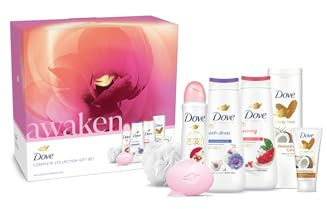 Dove Awaken Complete Collection with 2x Body Wash 225ml, Pink Bar 90g, Body Lotion 250ml, Hand Cream 75ml & Deodorant 150ml 6 Pieces Gift Set for Her with Shower Puff