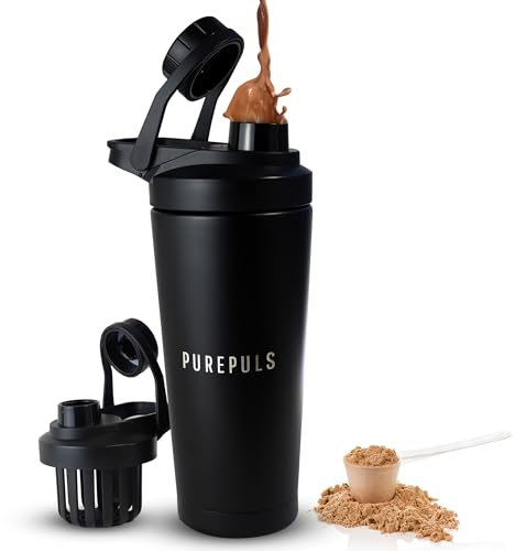 Edelstahl Shaker mit Mix-Ball | Protein Shaker mit 750 ml | BPA-frei & doppelwandig isoliert | Eiskalte Shakes | Auslaufsicherer Eiweiß Shaker für Sportler | Spülmaschinenfest (bis 45°C) Schwarz