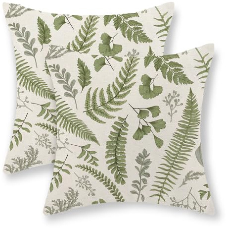GOLIANDA Spring Sage Green Pillow Covers 18x18 Set of 2 Leaf Plant Decorative Pillow Cases Tropical Fern Herbs Botanical Leaves Floral Cushion Cover Vintage Decor Outdoor Throw Pillows for Couch Sofa