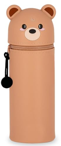 GDFJBG 2-in-1 Silikon Federmäppchen - Kawaii,Tischstifthalter Federtasche Tischstifthalter, Reißverschluss, Silikon, Stiftetasche Buntstifte Marker (Bär)