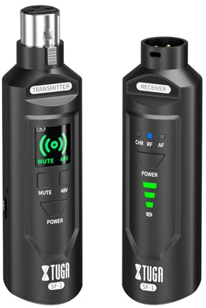 XTUGA Transmisor y receptor XLR inalámbrico SF-1 actualizado, receptor transmisor de micrófono de 2.4 G con alimentación fantasma de 48 V, adaptador de micrófono recargable para micrófonos dinámicos