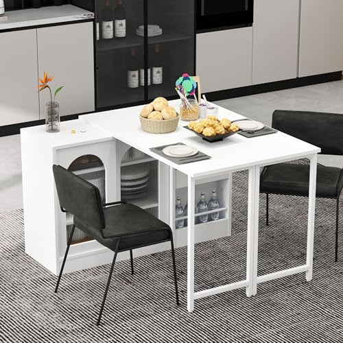 Merax Ausziehbarer Bartisch mit Stauraum, Um 360° drehbarer Stehtisch mit klappbarem Esstisch, mit Glasschiebetüren, Gewürzregale, Stauraum rechts, für Küche Kaffeebar, Weiß