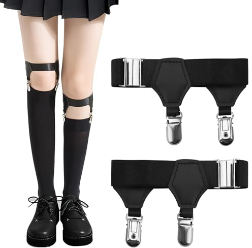 UOCAI 1 Par Ligas de Calcetines Ajustable, Soporte para Calcetines con 2 Clips, Liga Elástica para Hombres y Mujeres, Calcetines Ligas para Trajes Oficinas y Gothic Punk