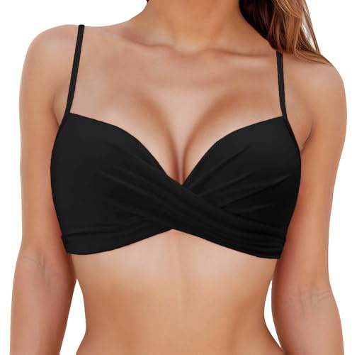 KOEMCY Damen Bikini Oberteil Schwarz Verstellbare Breite Träger V-Ausschnitt Bralette Push-Up Support für Strand Vacation Bademode Bikini Top