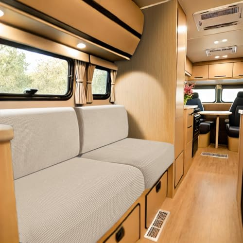 SYLC Caravan Seat Cover Stretch Jacquard, Non-slip RV Dinette Cushion Covers with 2 Straps, Couch Cushion Covers for Camper Sofa Bench (Beige,W 35-45 cm, D 35-45 cm)