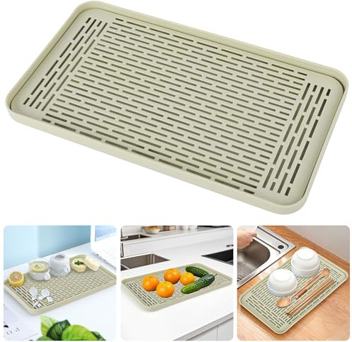 SOSMAR Praktische Abtropfmatte Abtropfgestell mit Auffangschale - Abtropfschale Abtropfgitter Gestell 39 x 22.5cm - multifunktionales Drain Board für Geschirr, Tassen, Obst u.m. (Verdickter PP/Grün)