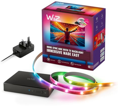 WiZ HDMI Sync Box with TV Backlight, HDMI 2.0 Syncable RGB LED Strip Light | Real-Time Colour Syncing, HDMI 2.0, Supports 4K at 60Hz, For 55-65 TVs, Bluetooth App and Voice Control, Easy Installation